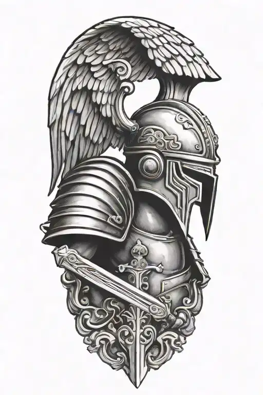 angel wearing a roman soldier helmet, gripping a sword pointed downwards tattoo design idea