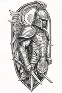 guardian angel wearing a roman soldier helmet, gripping a sword pointed downwards tattoo design idea