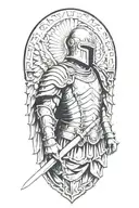 guardian angel wearing a roman soldier helmet, gripping a sword pointed downwards tattoo design idea