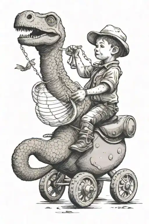 brontosaurus child in saddle with fly swatter tattoo design idea
