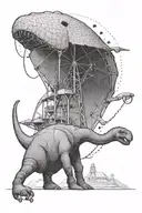 brontosaurus walking with child in saddle and fly swatter in hand tattoo design idea