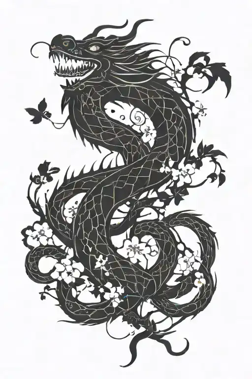 A dragon composed of mathematical equations and musical notes intertwined with cherry blossoms tattoo design idea