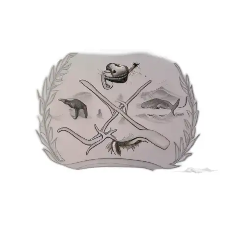 realistic logo a crossed plow and a branch, on the right wing a sperm whale, on the left a camel tattoo design idea