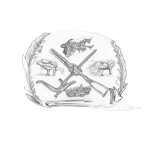 an oar and a plow crossed between tobacco leaves tattoo design idea