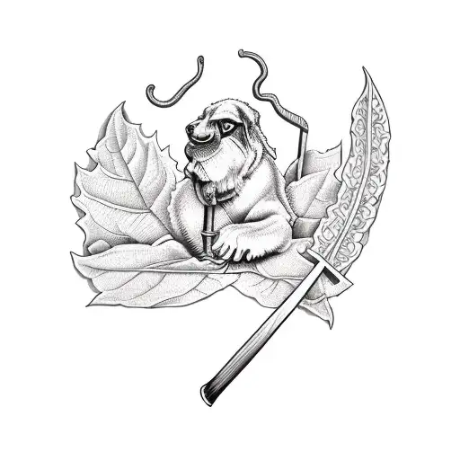 an oar and a plow crossed between tobacco leaves tattoo design idea