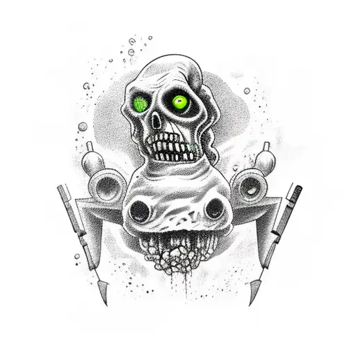 zombie nuclear submarine, underwater and green light tattoo design idea