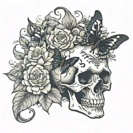 forearm length tattoo, a smaller skull surrounded by black bats, death moths, and flowes tattoo design idea