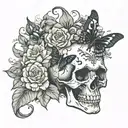 forearm length tattoo, a smaller skull surrounded by black bats, death moths, and flowes tattoo design idea