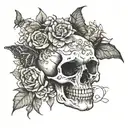 forearm length tattoo, a smaller skull surrounded by black bats, death moths, and flowes tattoo design idea