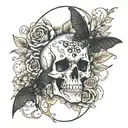 forearm length tattoo, a smaller skull surrounded by black bats, death moths, and flowes tattoo design idea