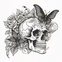 forearm length tattoo, a smaller skull surrounded by black bats, death moths, and flowes tattoo design idea