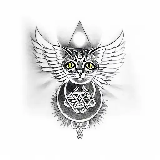 cat's eyes, angel's wings, symbol of dharma and the Star of David tattoo design idea