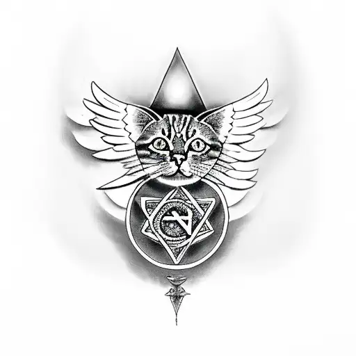 cat's eyes, angel's wings, symbol of dharma and the Star of David tattoo design idea