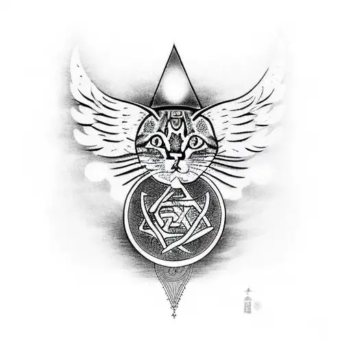 cat's eyes, angel's wings, symbol of dharma and the Star of David tattoo design idea