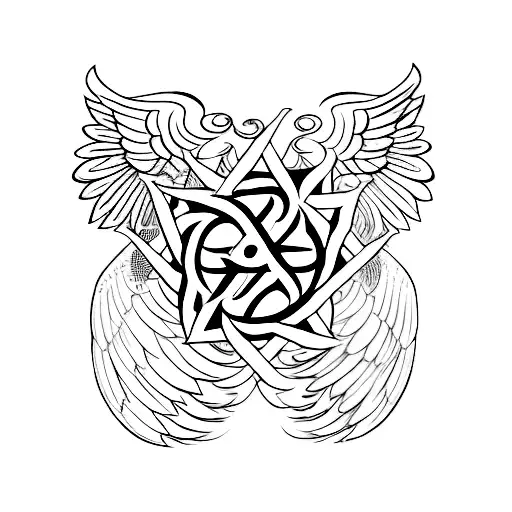 cat's eyes, angel's wings, symbol of dharma and the Star of David tattoo design idea