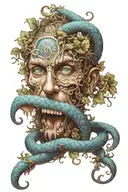 dionysus god with blue eyes and with blue snake wrapped going through eyes  tattoo design idea