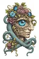 dionysus god with blue eyes and with blue snake wrapped going through eyes  tattoo design idea