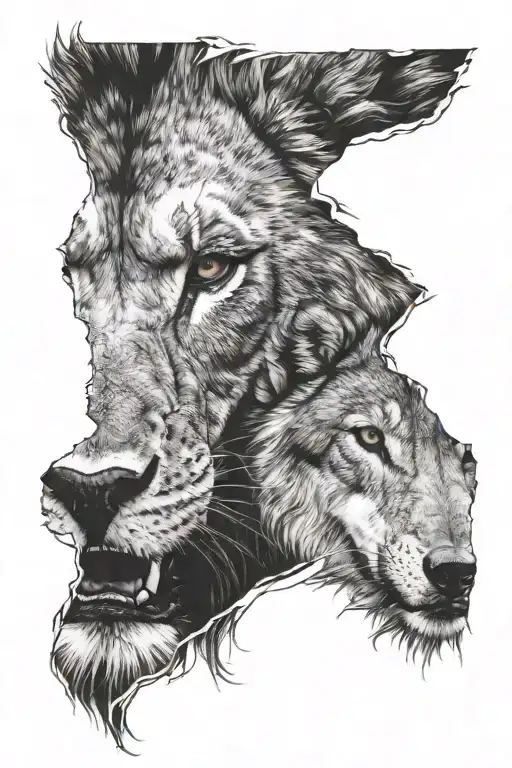 half face of a lion and half face of a wolf attached together  tattoo design idea