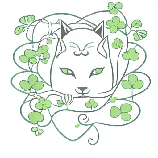 An abstract tattoo of a cat surrounded by four-leaf clovers, symbolizing good luck and love for felines tattoo design idea