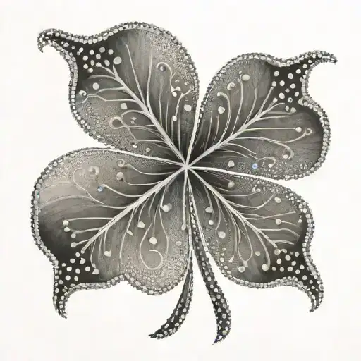A unique and elegant four leaf clover with intricate dotwork details tattoo design idea