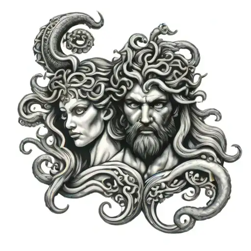 medusa and Poseidon holding head tattoo design idea