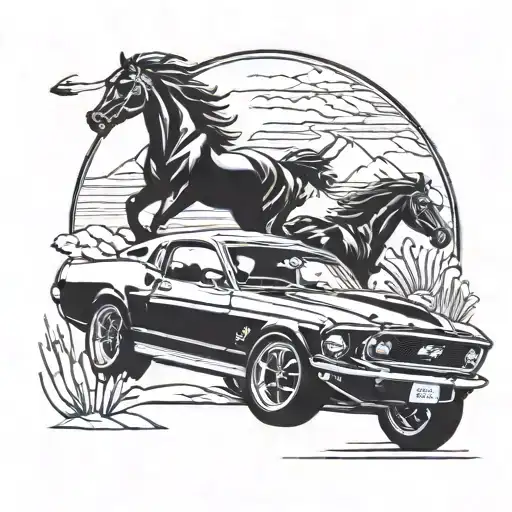 Old school Ford Mustang 1969 cruising through a retro outdoor landscape tattoo design idea