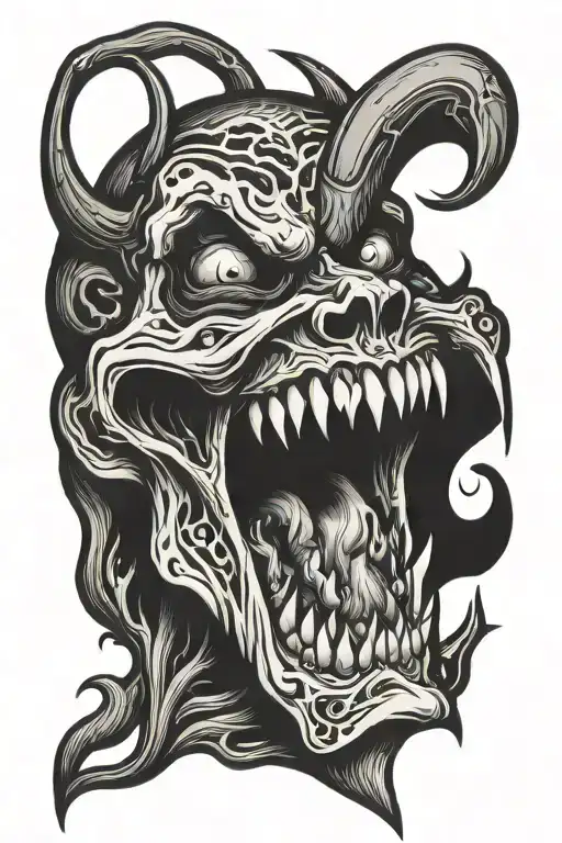devil skeleton mouth open with big teeth and with an eye inside the mouth tattoo design idea
