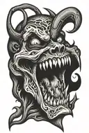 devil skeleton mouth open with big teeth and with an eye inside the mouth tattoo design idea