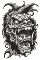 devil skeleton mouth open with big teeth and with an eye inside the mouth tattoo design idea