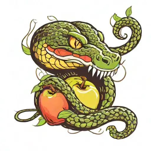 snake wrapped round with bitten apple in its mouth tattoo design idea