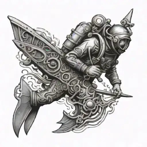 An intricate black and grey tattoo of a diver exploring a sunken Inca treasure ship tattoo design idea