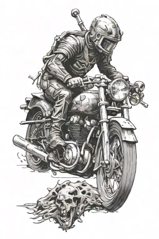 AN ETERNAL CRUSADER FROM A WORLD THAT REVOLVES AROUND MOTORCYLES. COULD HAVE A MOTORCYCLE PART THEMED WEAPON tattoo design idea
