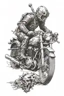 AN ETERNAL CRUSADER FROM A WORLD THAT REVOLVES AROUND MOTORCYLES. COULD HAVE A MOTORCYCLE PART THEMED WEAPON tattoo design idea