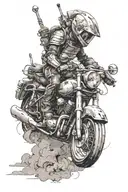 AN ETERNAL CRUSADER FROM A WORLD THAT REVOLVES AROUND MOTORCYLES. COULD HAVE A MOTORCYCLE PART THEMED WEAPON tattoo design idea