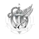 anchor with the letter J with wings a halo and a bible tattoo design idea