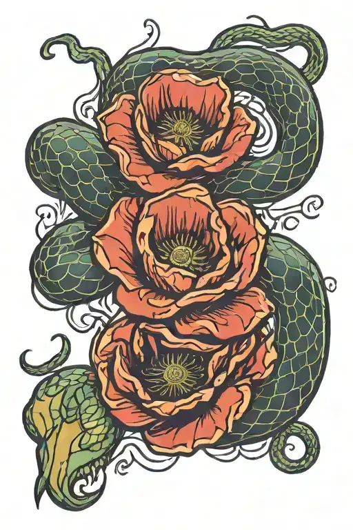 poppy flower and snake slithering tattoo design idea