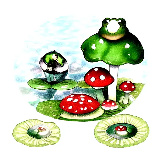 crystals and pond with a green bullfrog sitting on a lilypad, with some red mushroom with a snail on the mushroom tattoo design idea