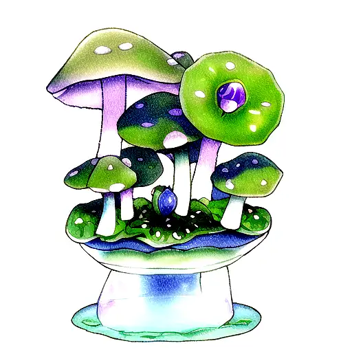 crystals by a pond,green bullfrog sitting on lilypad, mushroom wits a crystal snail tattoo design idea