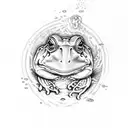 crystals around a pond with a green bullfrog sitting on a lilypad tattoo design idea