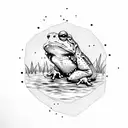 crystals around a pond with a green bullfrog sitting on a lilypad tattoo design idea