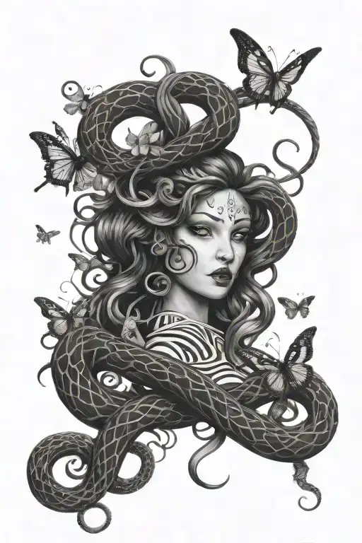 scary Medusa snakes butterflies  tattoo design idea