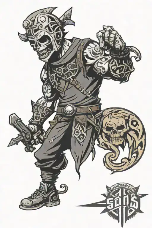 sleeves tattoo with skarbrand, issaac from binding of isaac, sons' logo from sons of anarchy, bojack horseman, ucla helm tattoo design idea