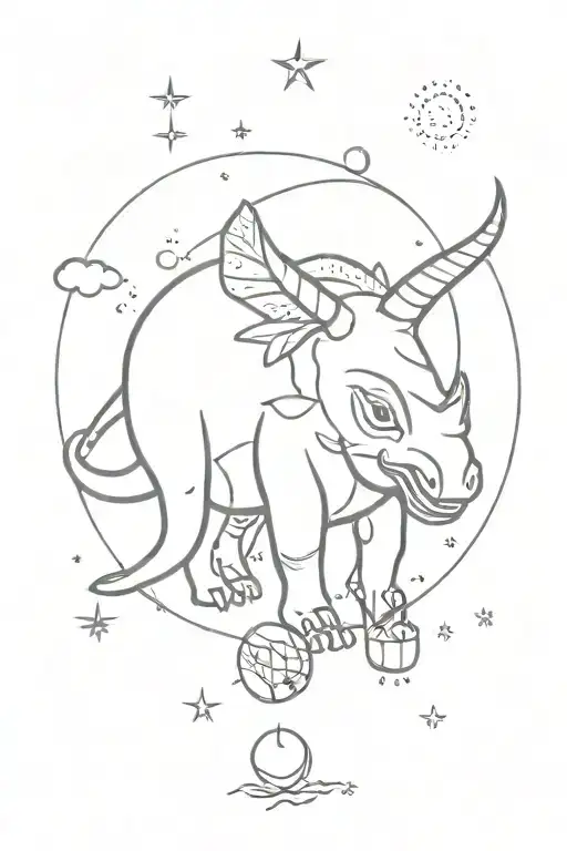 an avocado turn into a triceratops surrounded by universe tattoo design idea