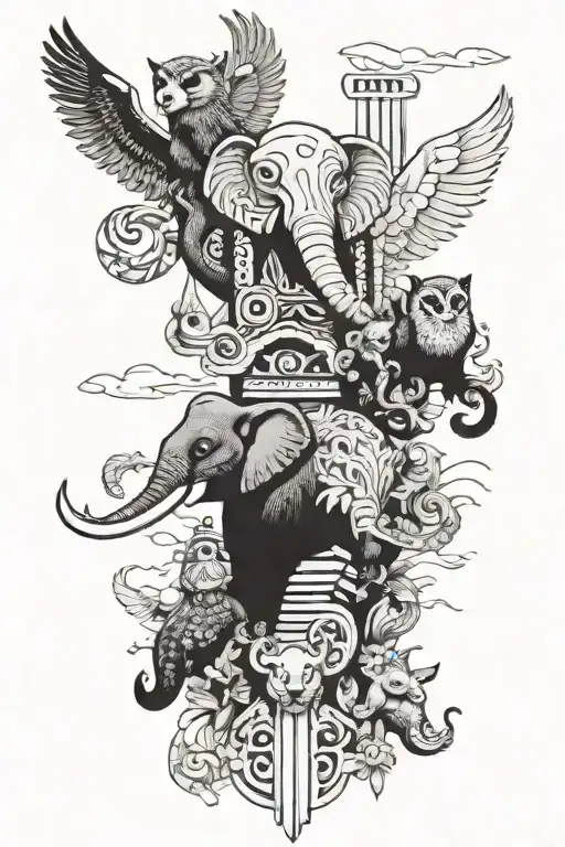 totem pole with each section being a different annal. with elephant, owl, red panda, whale, panther tattoo design idea