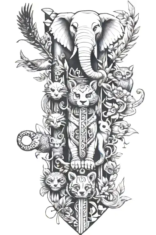 totem pole with each section being a different annal. with elephant, owl, red panda, whale, panther tattoo design idea