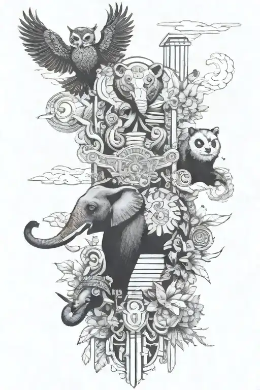 totem pole with each section being a different annal. with elephant, owl, red panda, whale, panther tattoo design idea