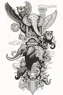 totem pole with each section being a different annal. with elephant, owl, red panda, whale, panther tattoo design idea