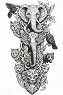 totem pole with each section being a different annal. with elephant, owl, red panda, whale, panther tattoo design idea