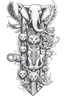 totem pole with each section being a different annal. with elephant, owl, red panda, whale, panther tattoo design idea