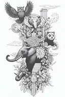 totem pole with each section being a different annal. with elephant, owl, red panda, whale, panther tattoo design idea